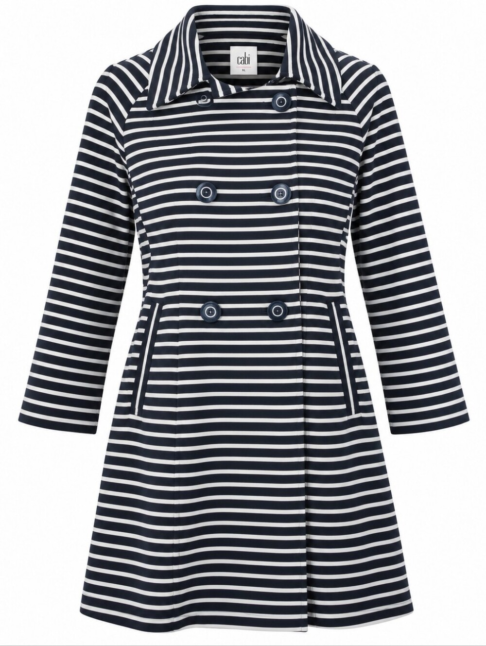 CABI | Double Breasted Stretch Maritime Navy White Stripe Trench Coat | XL